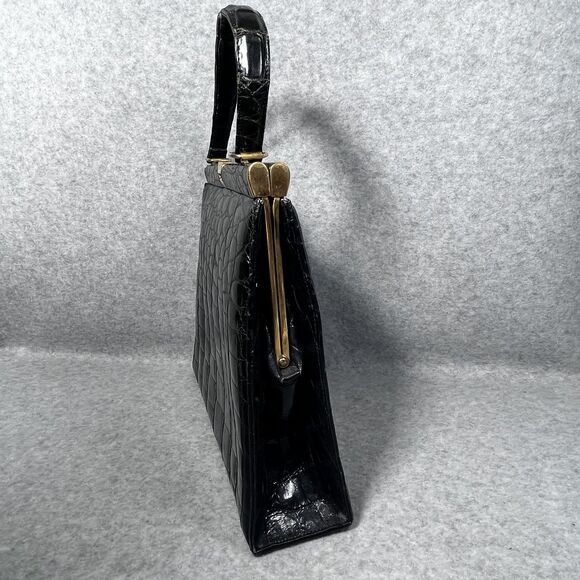 Vintage Crocodile Embossed Leather Top Handle Bag Womens Purse 60s Retro USA‎ - Picture 3 of 16